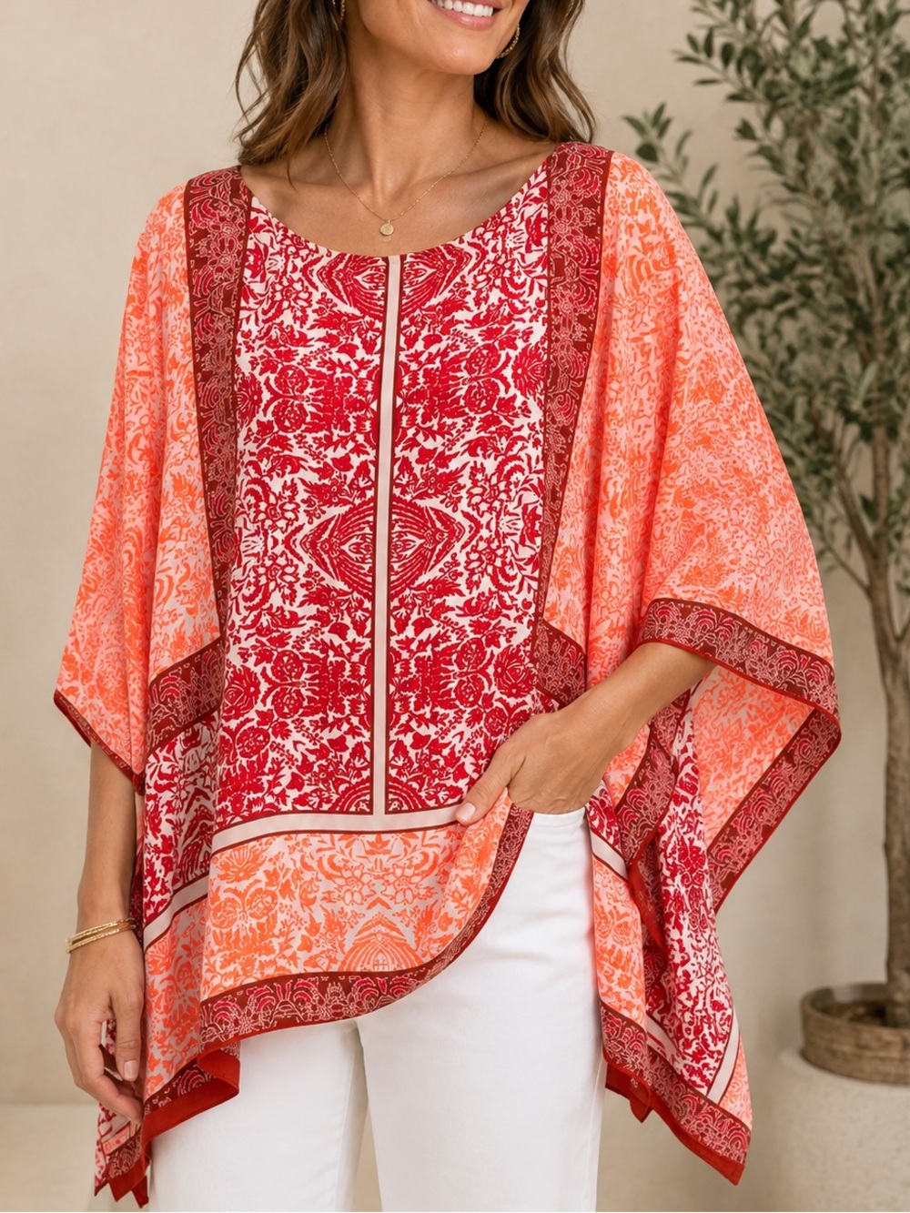 Vince Camuto Women’s Size XL Pink Coral Damask Floral Poncho Tunic Blouse Kimono